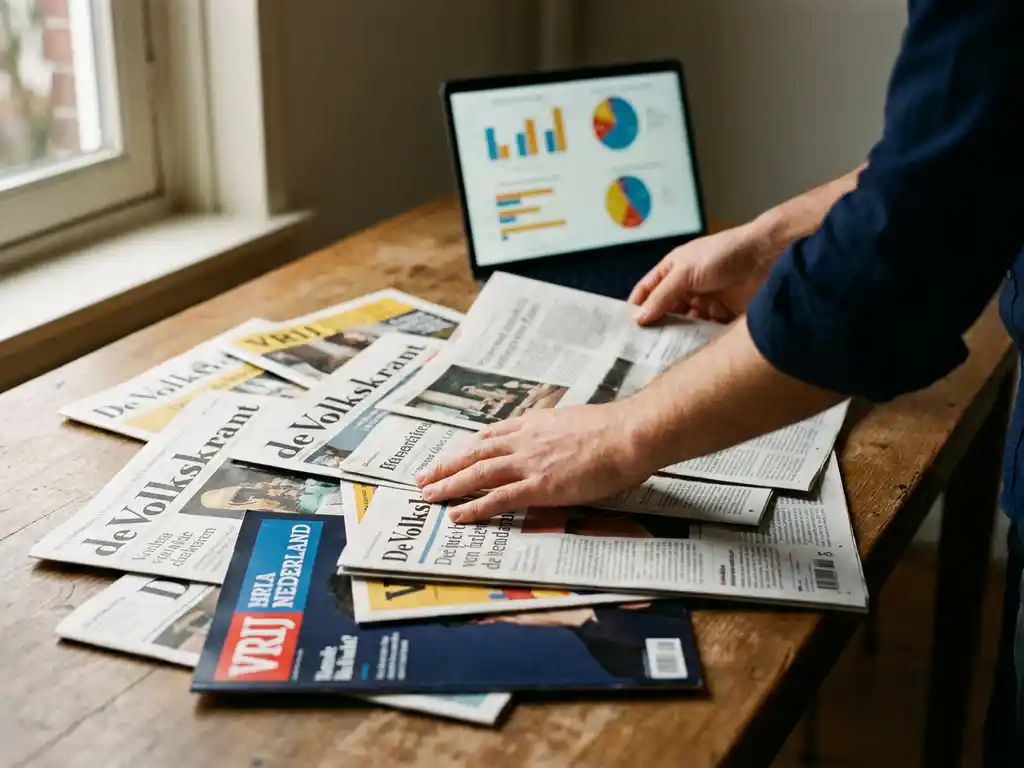 Analist verspreidt Nederlandse kranten en tijdschriftknipsels over houten bureau, met laptop met grafieken in warm ochtendlicht.