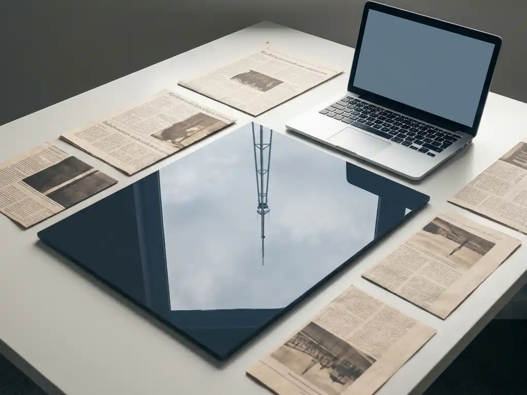 Antennетoren weerspiegeld in glanzend donker oppervlak, omringd door krantenknipsels en open laptop op wit bureau.