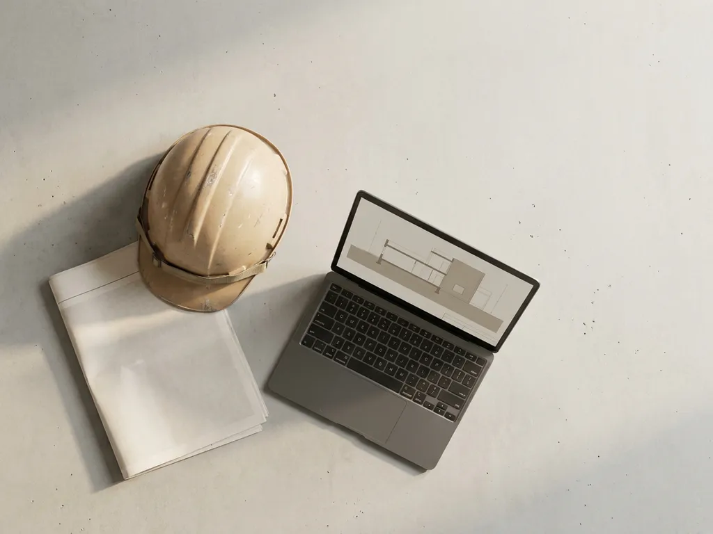 Versleten bouwhelm naast gevouwen krant en open laptop op betonnen ondergrond, fotografeerd van bovenaf in zacht ochtendlicht.