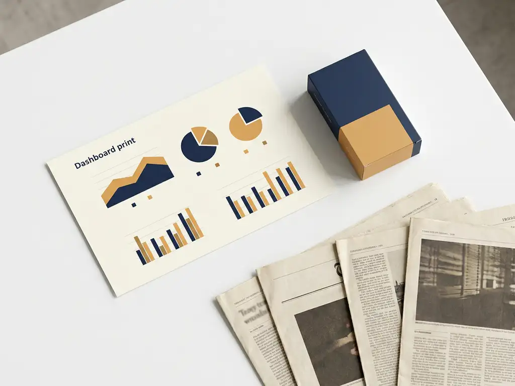 Dashboard-uitdraai en productverpakking naast uitgesneden krantenartikelen op een wit bureau, strak bovenaanzicht in ivoor, marineblauw en amber.