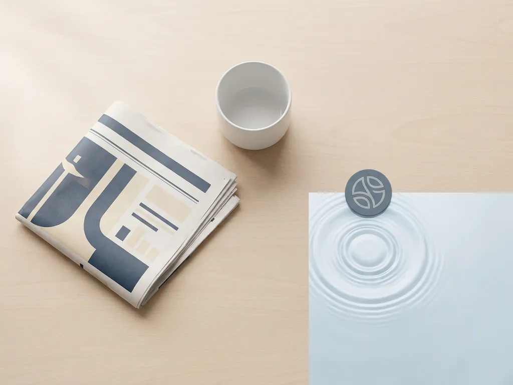 Gevouwen krant naast wit keramisch kopje op minimalistisch bureau, rustig ochtendlicht, bovenaanzicht in ink-blauw en ivoor tinten.
