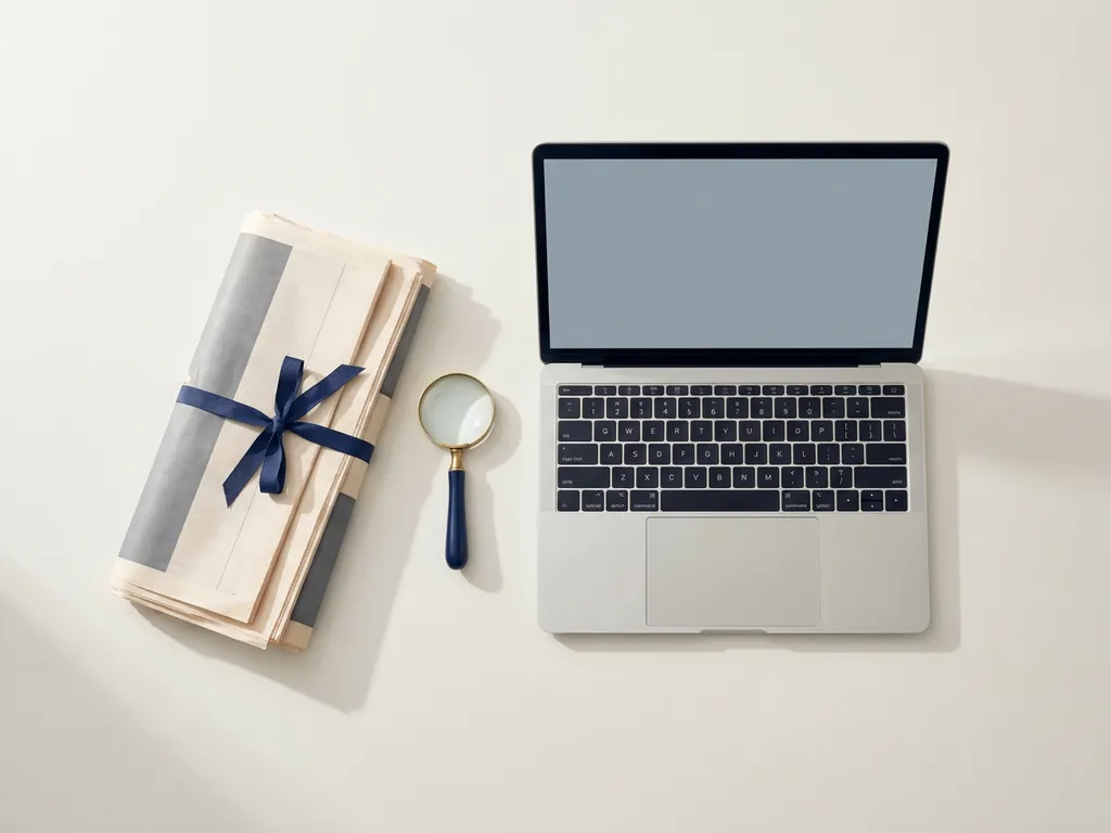 Gevouwen krant en open laptop op wit bureau met vergrootglas, bovenaanzicht in zacht ochtendlicht.