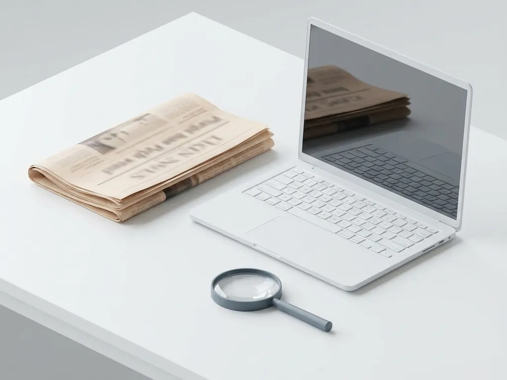 Gevouwen krant naast een open laptop op wit bureau, met een leesloep en zachte reflecties van krantenkoppen op het scherm.