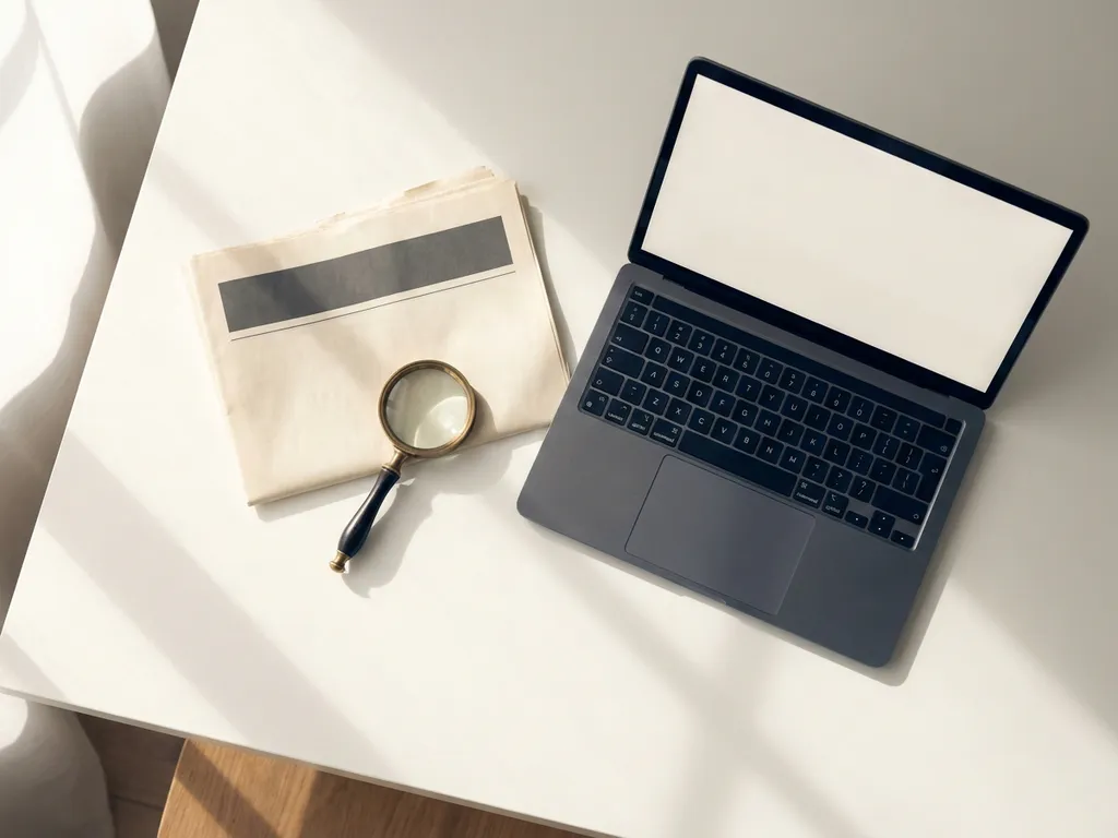 Opgevouwen krant met vergrootglas naast open laptop op wit bureau, bovenaanzicht in zachte natuurlijke belichting.