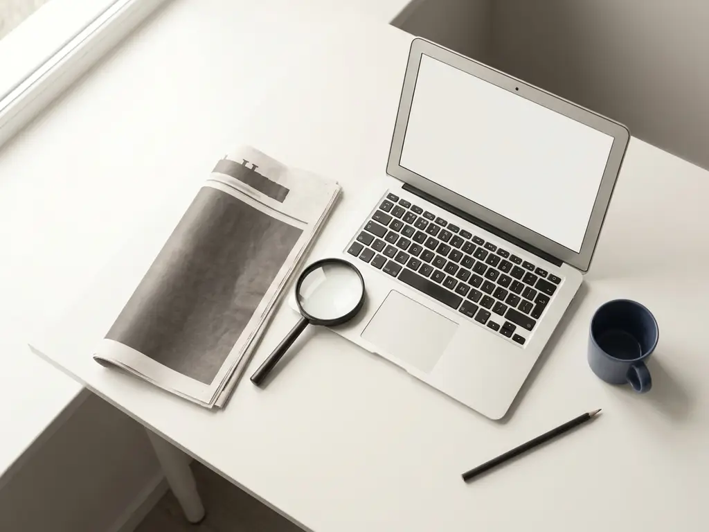 Gevouwen krant en open laptop op wit bureau met vergrootglas, minimalistische bovenaanzicht in ivoor- en houtskoolkleuren.