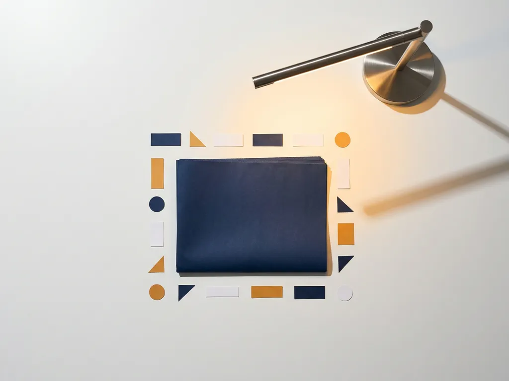 Gevouwen krant naast wit bureau met geometrische papiersnippers in grid, verlicht door leeslamp in marine, wit en amber tinten.