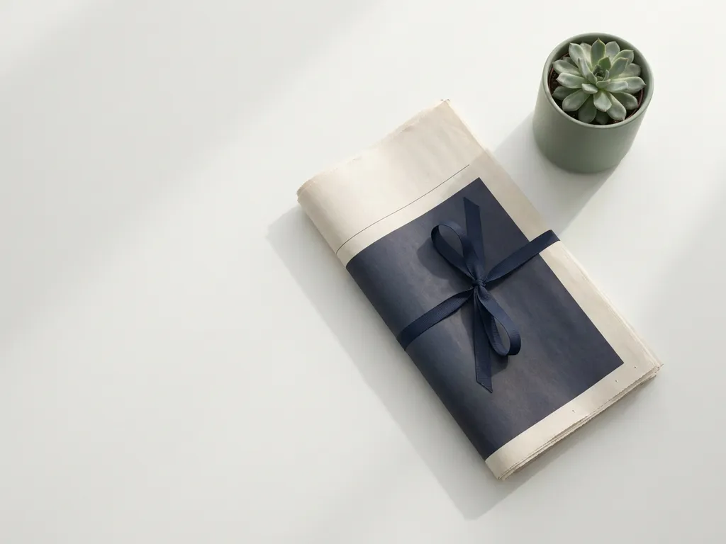 Gevouwen krant op wit oppervlak naast klein potplantje, zacht ochtendlicht, rustieke flatlay in salie groen en ivoor tinten.