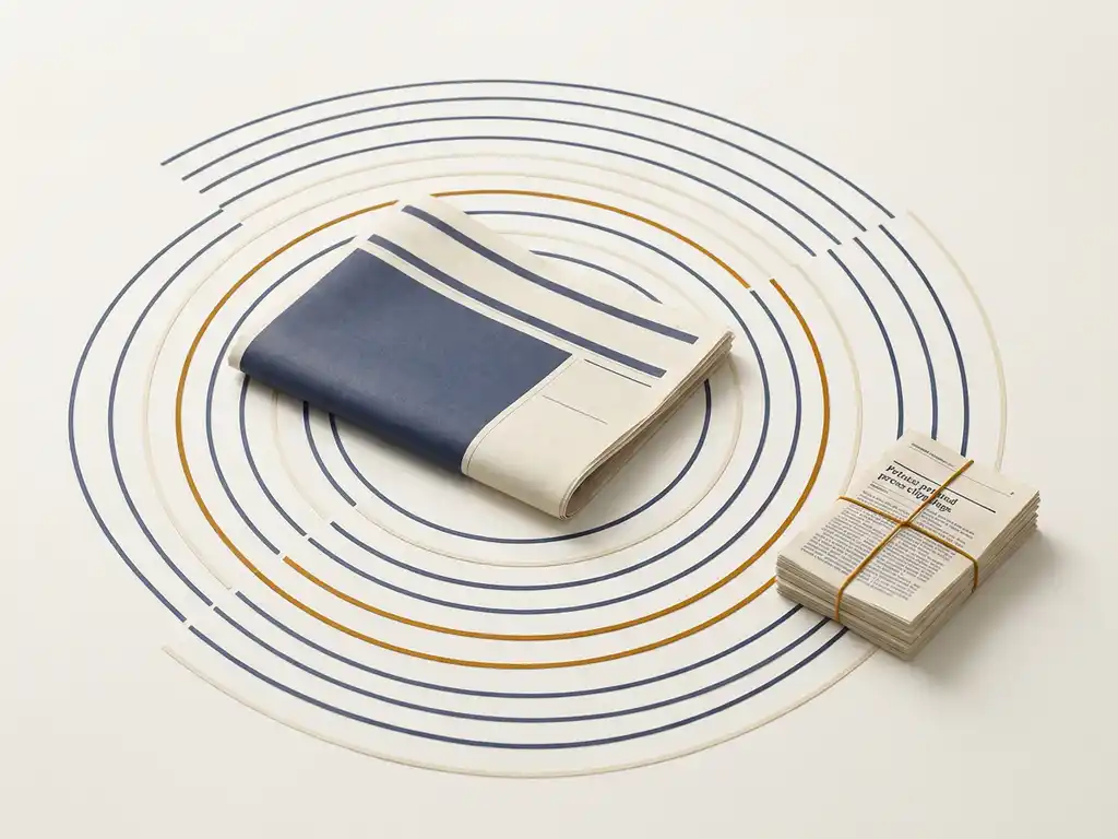 Gevouwen krant als middelpunt van uitdijende radarachtige cirkels, met een stapel persknipsels, in marineblauw, ivoor en amber.