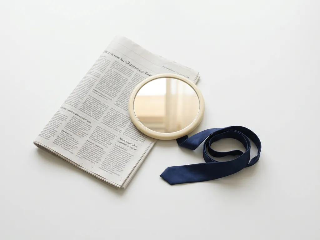 Opgevouwen krant naast een kleine handspiegel op wit oppervlak, symboliseert informatie versus perceptie, minimalistische bovenaanzicht.