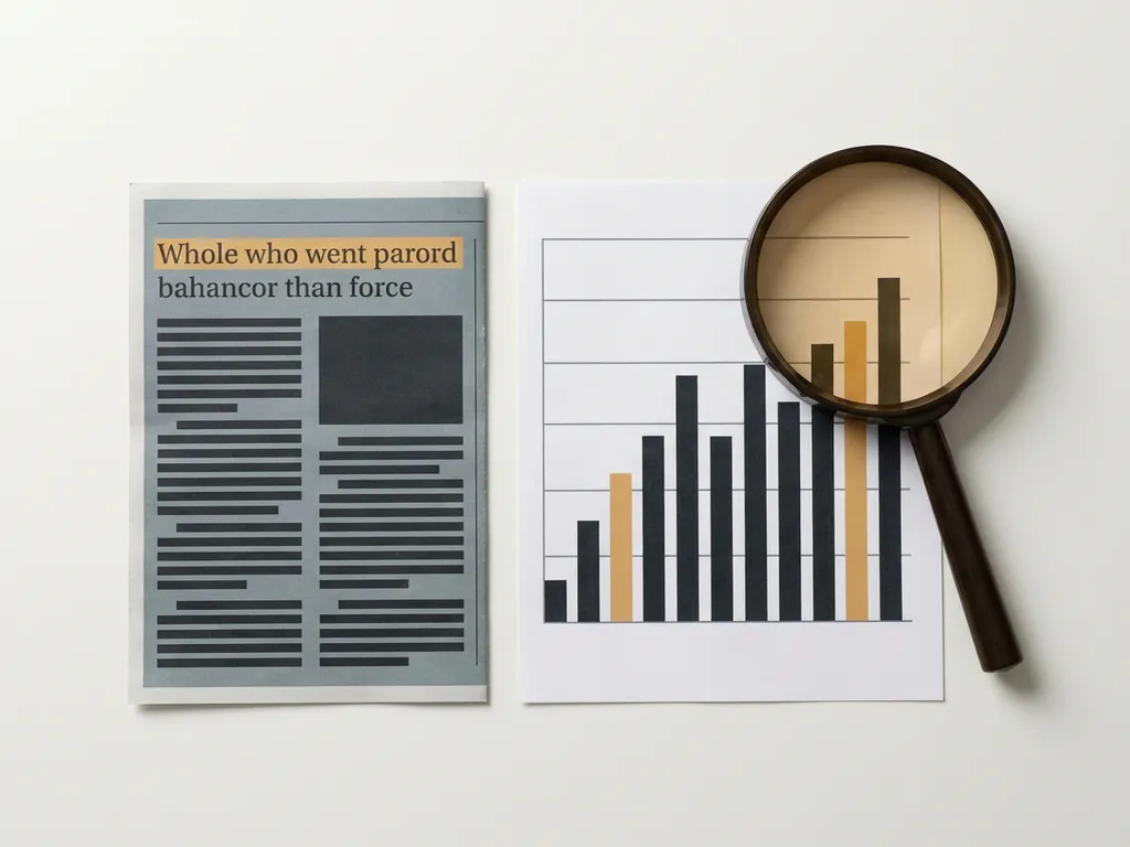 Krantenknipsel, gedrukt staafdiagram en vergrootglas op wit bureau in vlakke bovenaanzichtcompositie met zachte schaduwen.