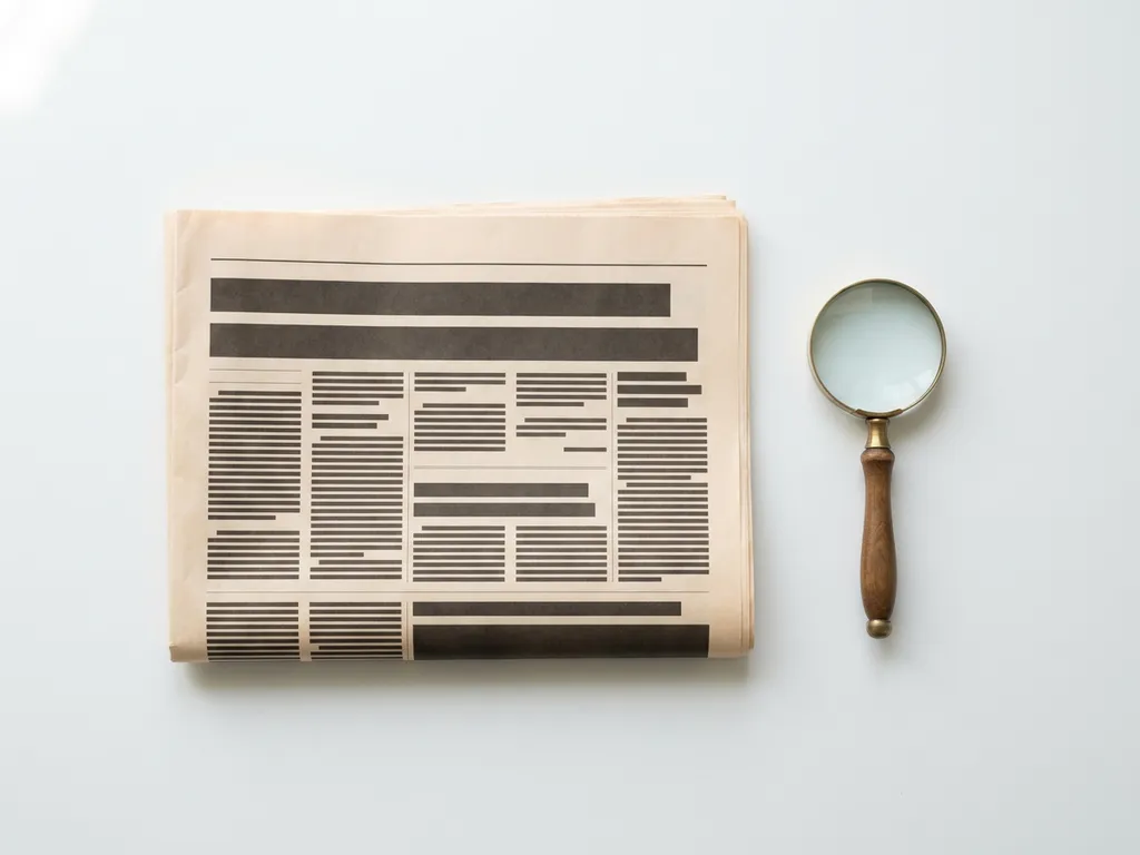 Gevouwen broadsheet krant op wit bureau met vergrootglas ernaast, zachte daglichtval, strakke bovenaanzicht compositie.