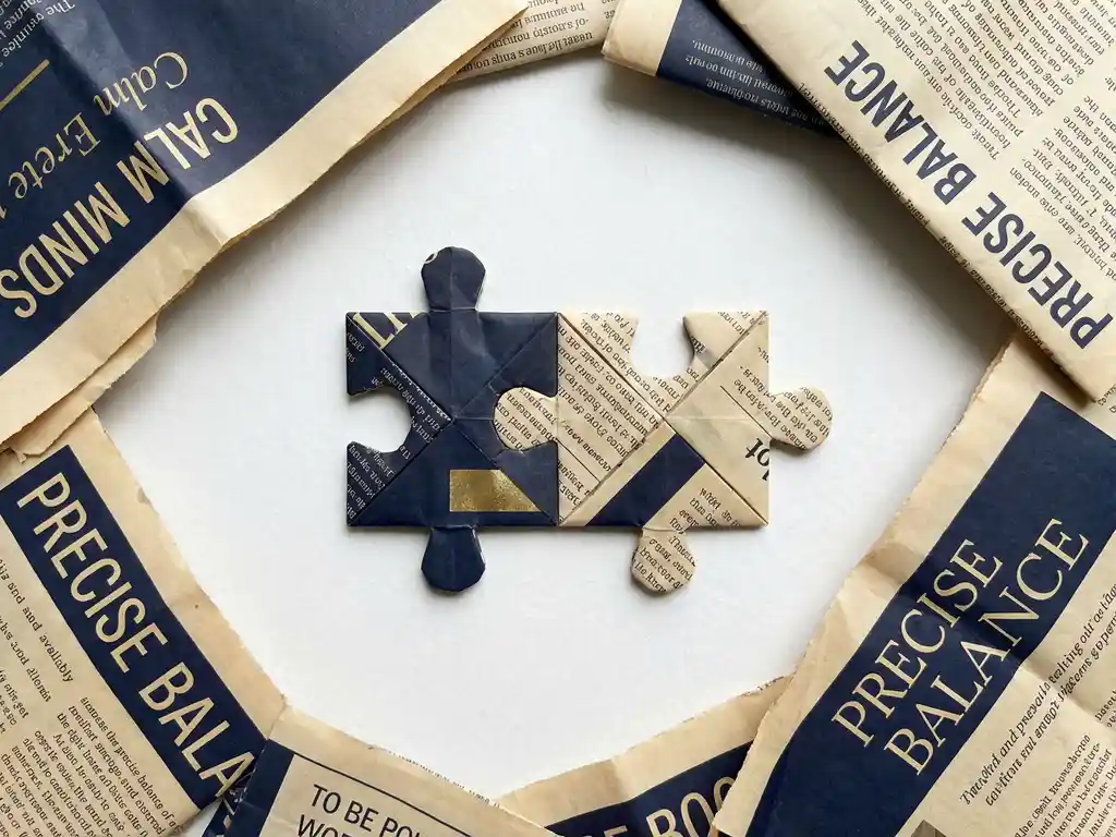 Twee puzzelstukjes van gevouwen krantenknipsels die in elkaar passen op wit oppervlak, omringd door koppen in navy en ivoor tinten.