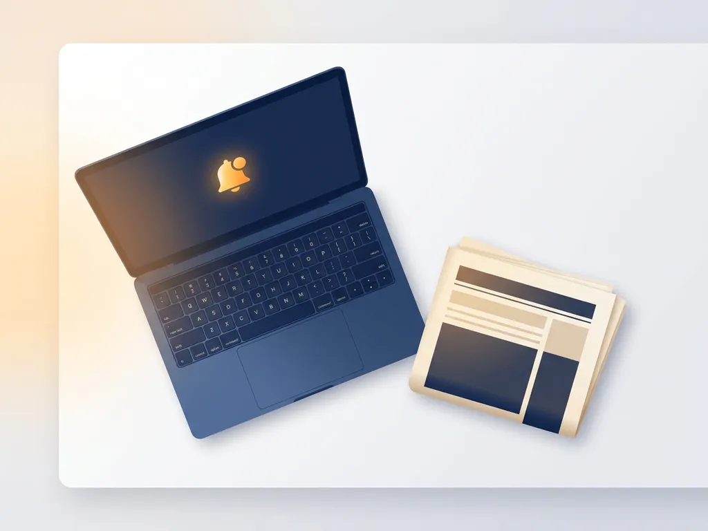 Laptop op wit bureau met notificatiepictogram op dashboard, naast gevouwen krant, in vlakke bovenaanzicht compositie met zacht natuurlijk licht.