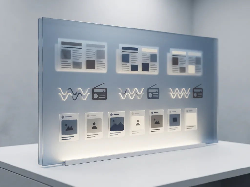 Frosted glazen dashboard met krantenknipsels, uitzendgolven en sociale mediakaarten op een minimalistisch wit bureau.