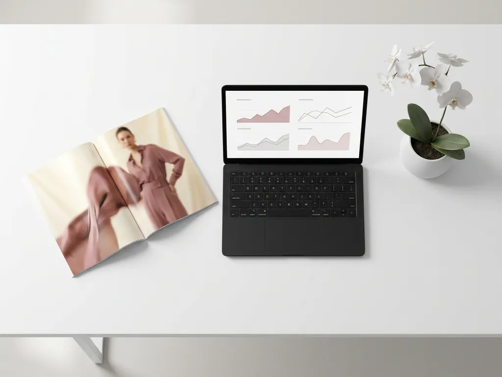 Open modemagazine op wit bureau naast laptop met analysegrafieken en witte orchidee, bovenaanzicht, minimalistische stijl.