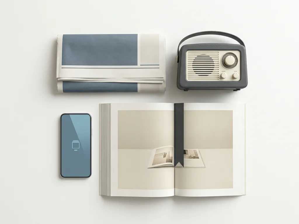 Plat bovenaanzicht van krant, radio, smartphone en tijdschrift op wit oppervlak in leisteen- en ivoorkleurige tinten.