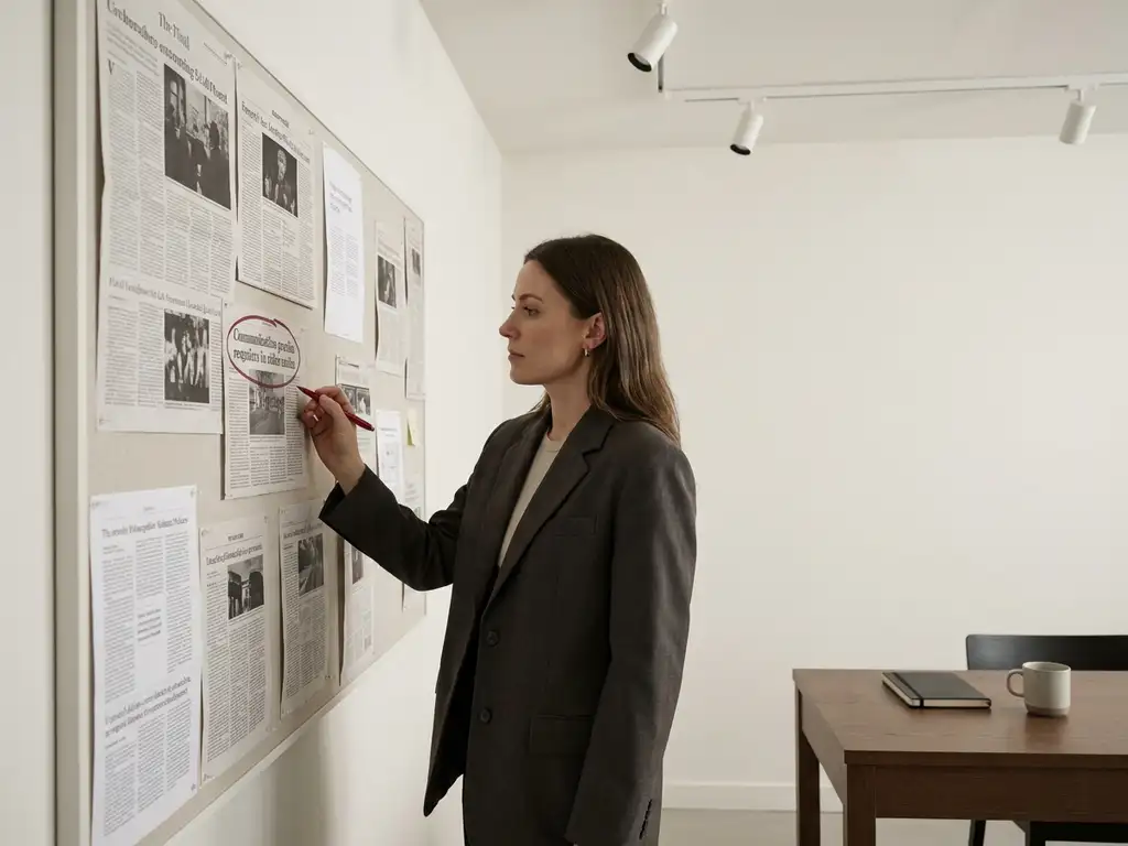 Communicatieprofessional bestudeert een muur vol krantenknipsels met één rood omcirkelde kop in een strak, minimalistisch werkruimte.