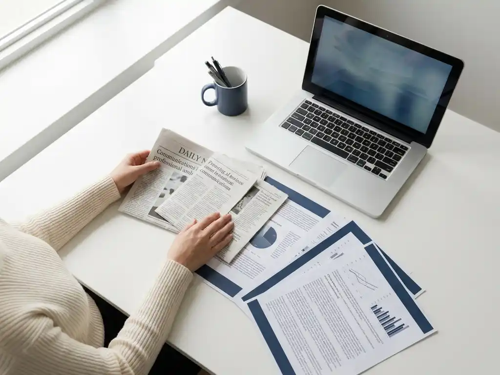 Communicatieprofessional spreidt krantenknipsels en gedrukte artikelen uit op wit bureau met open laptop.