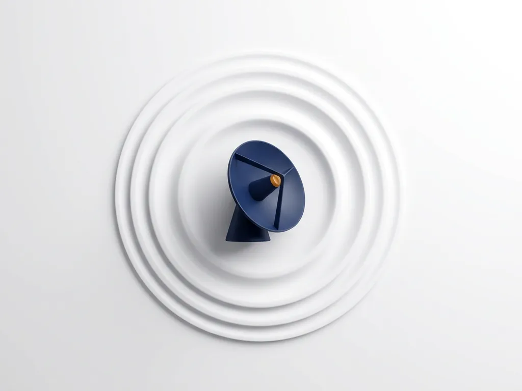 Minimalistische radarschotel met concentrische golfcirkels in marineblauw en amber op witte achtergrond, bovenaanzicht.