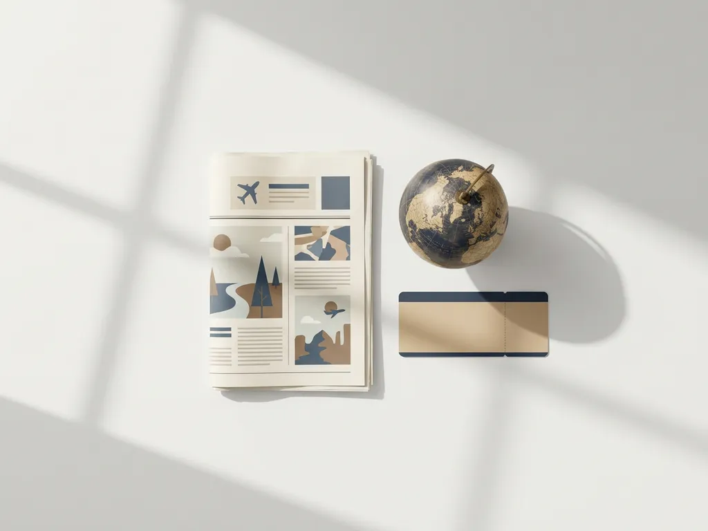 Gevouwen reisnewspaper op wit bureau naast vintage globe en boardingpass, strak flatlay in ivoor, marineblauw en zandtinten.