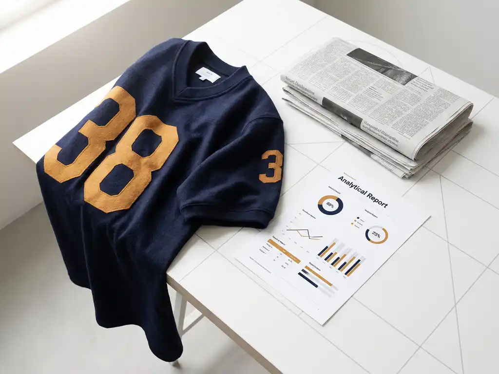 Marineblauw sportshirt op wit bureau naast gevouwen krant en analytisch rapport, bovenaanzicht met zachte directionele belichting.