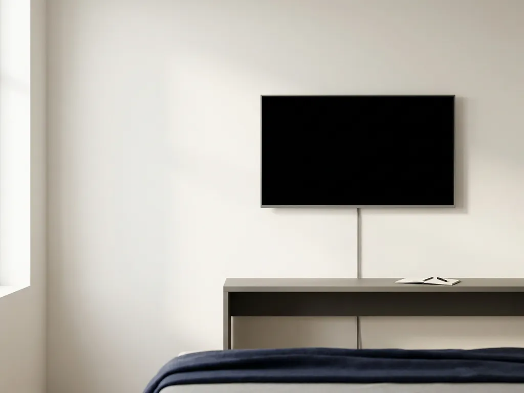Flatscreen televisie aan witte muur met dun kabel naar minimalistische bureau met notitieboekje en pen, zachte omgevingsverlichting.