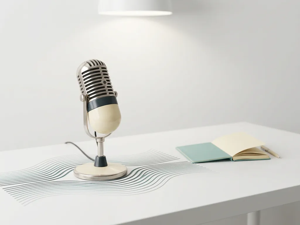 Vintage microfoon op wit bureau met subtiele geluidsgolven, openliggend notitieboekje ernaast, minimalistische compositie in ivoor en teal.