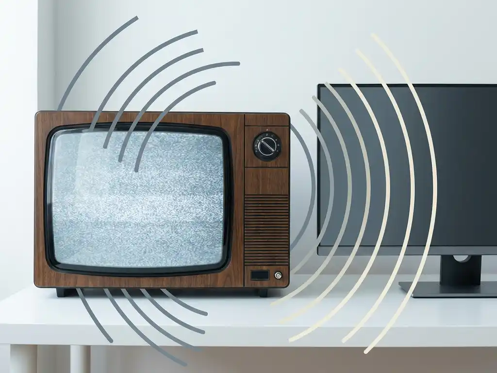 Vintage televisie met statisch beeld naast modern monitor op wit oppervlak, zacht studiolicht in grijze en ivoorkleurige tinten.