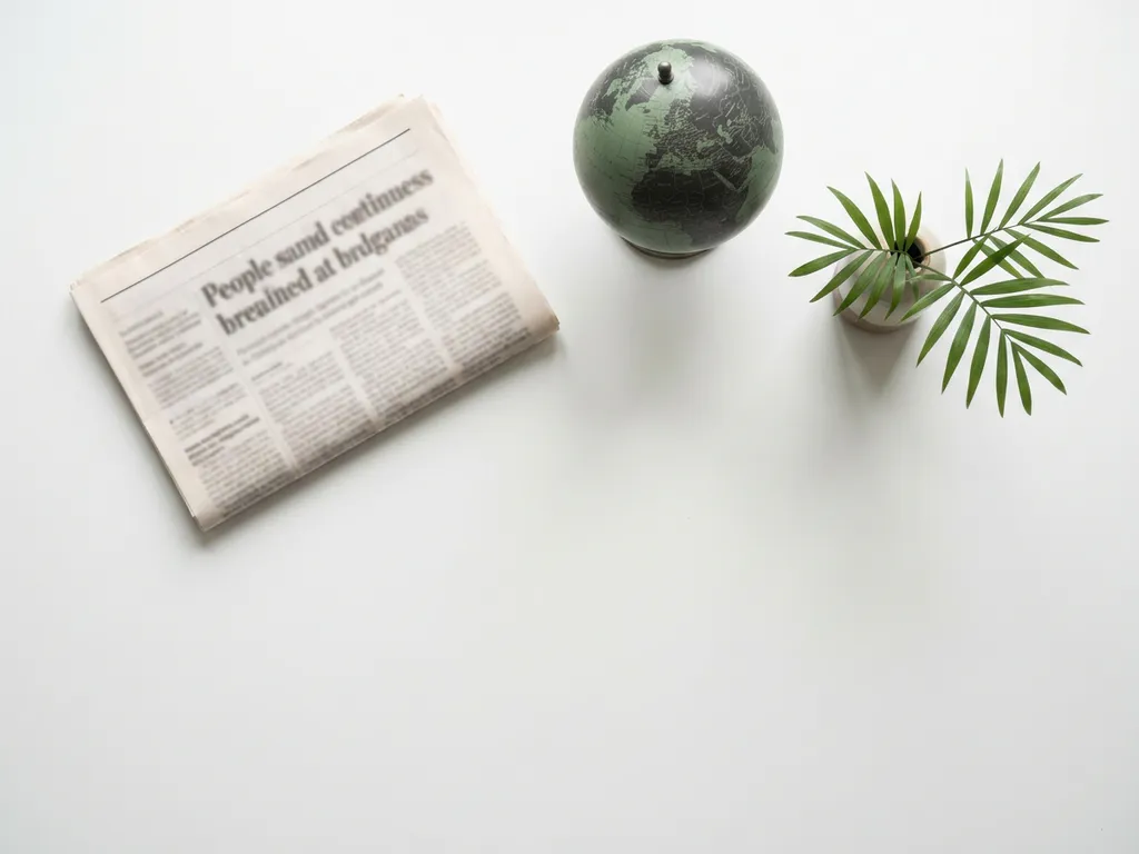 Gevouwen krant naast een kleine wereldbol op wit bureau, met een groen plantentakje in minimalistisch werkruimte.